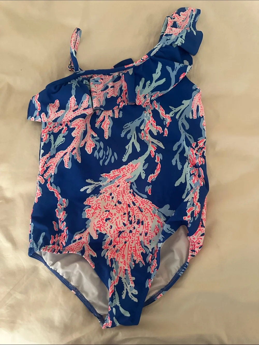 Lilly Pulitzer Girls One-Shoulder Royal Blue with Pink Coral Print Swimsuit